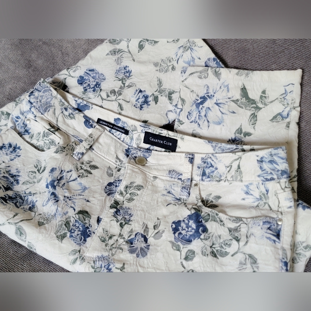 RARE Women's Charter Club White Floral Lexington Straight Pants Sz 12 LIKE NEW